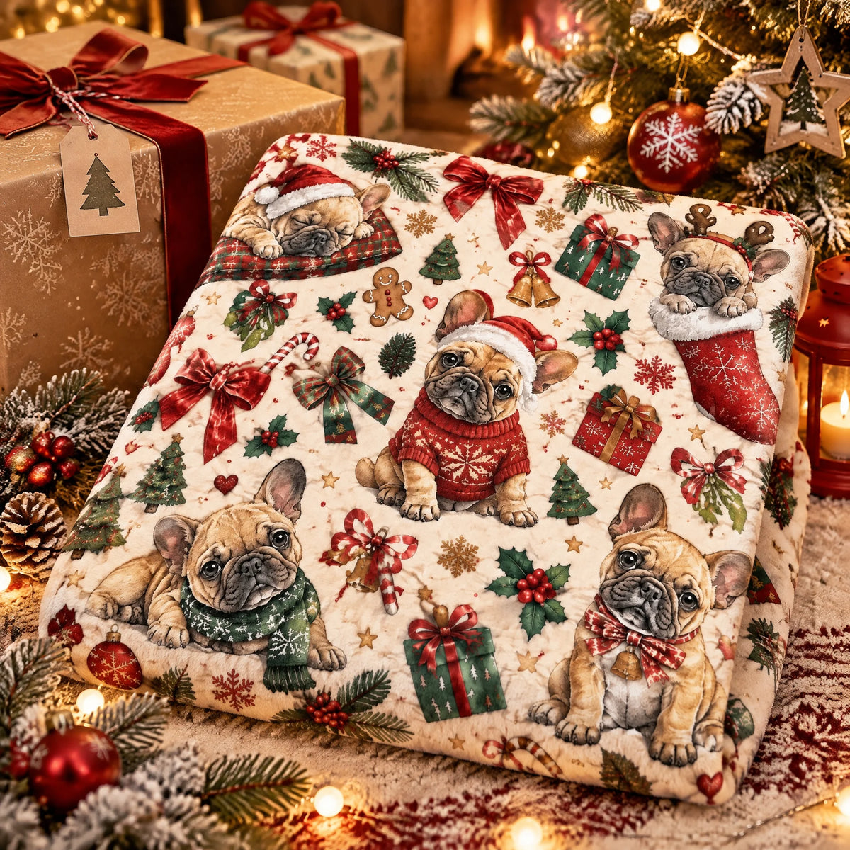 Supplier image: Christmas French bulldog mini blanket. Actual size 23.6 x 31.5 inches (60 x 80 cm).