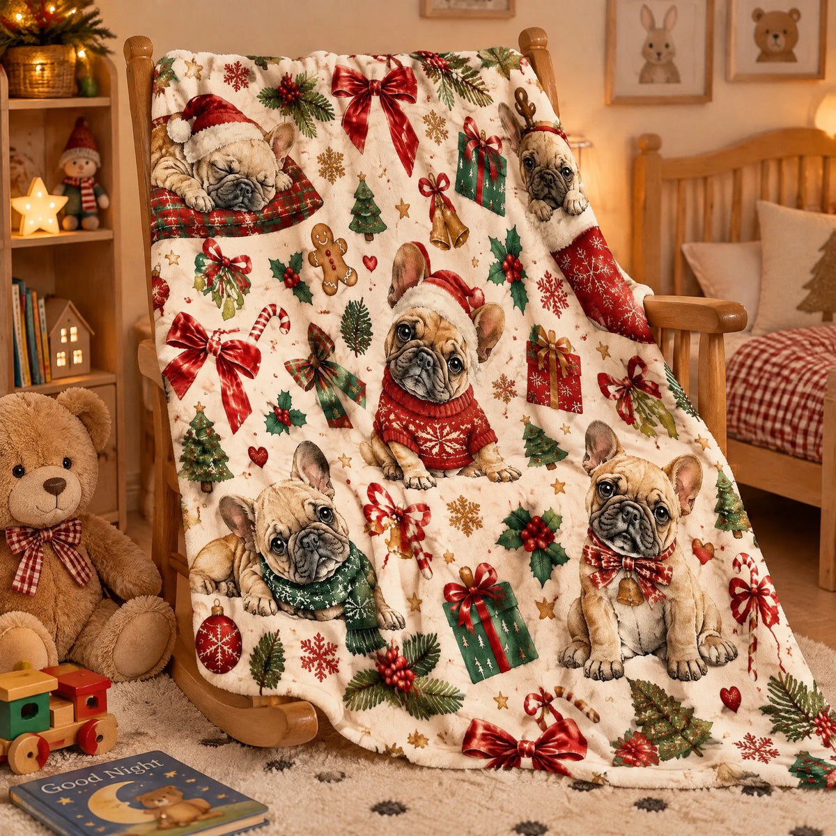 Supplier image: Christmas French bulldog mini blanket. Actual size 23.6 x 31.5 inches (60 x 80 cm).