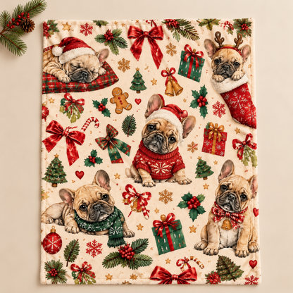 Christmas French bulldog mini blanket, 23.6 x 31.5 inches. AI styled product illustration.