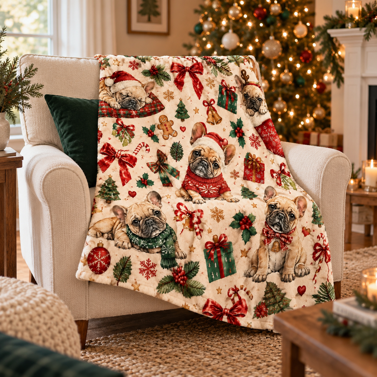 Christmas French bulldog mini blanket, 23.6 x 31.5 inches. AI styled illustration.