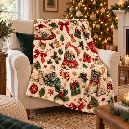 Christmas French bulldog mini blanket, 23.6 x 31.5 inches. AI styled illustration.