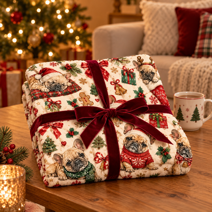 Christmas French bulldog mini blanket, 23.6 x 31.5 inches. AI styled illustration.