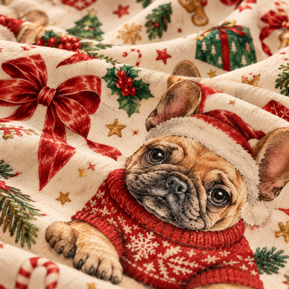 Christmas French bulldog mini blanket, 23.6 x 31.5 inches. AI styled illustration.