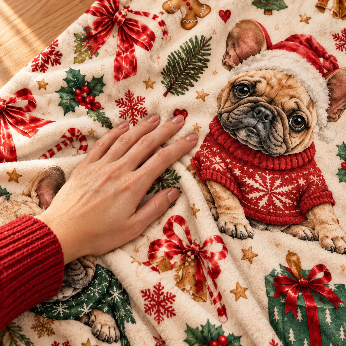 Christmas French bulldog mini blanket, 23.6 x 31.5 inches. AI styled illustration.
