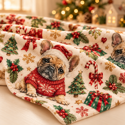 Christmas French bulldog mini blanket, 23.6 x 31.5 inches. AI styled illustration.